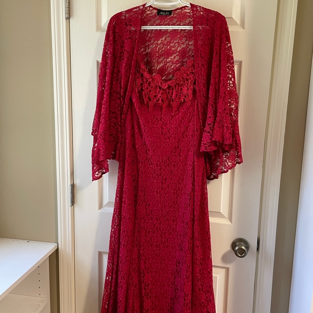 Red formal gown with matching lace shawl